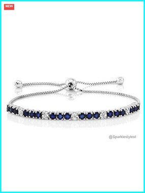 2.05 Ct Blue Sapphire Diamond Tennis Bracelet Sterling Silver Adjustable